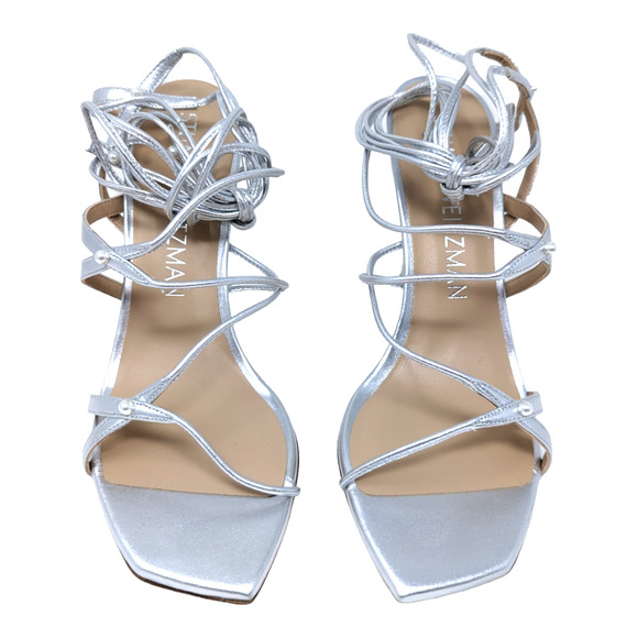 Stuart Weitzman Astrid Silver Leather Ankle Wrap Sandal Pumps Size 8.5 - Picture 2 of 8